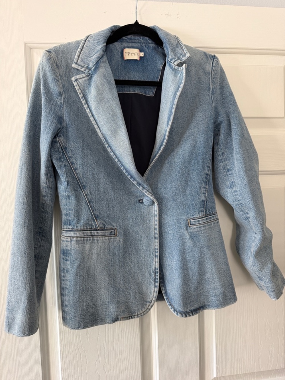 Alice + Olivia Washed Light Blue Denim Blazer and Jeans Set